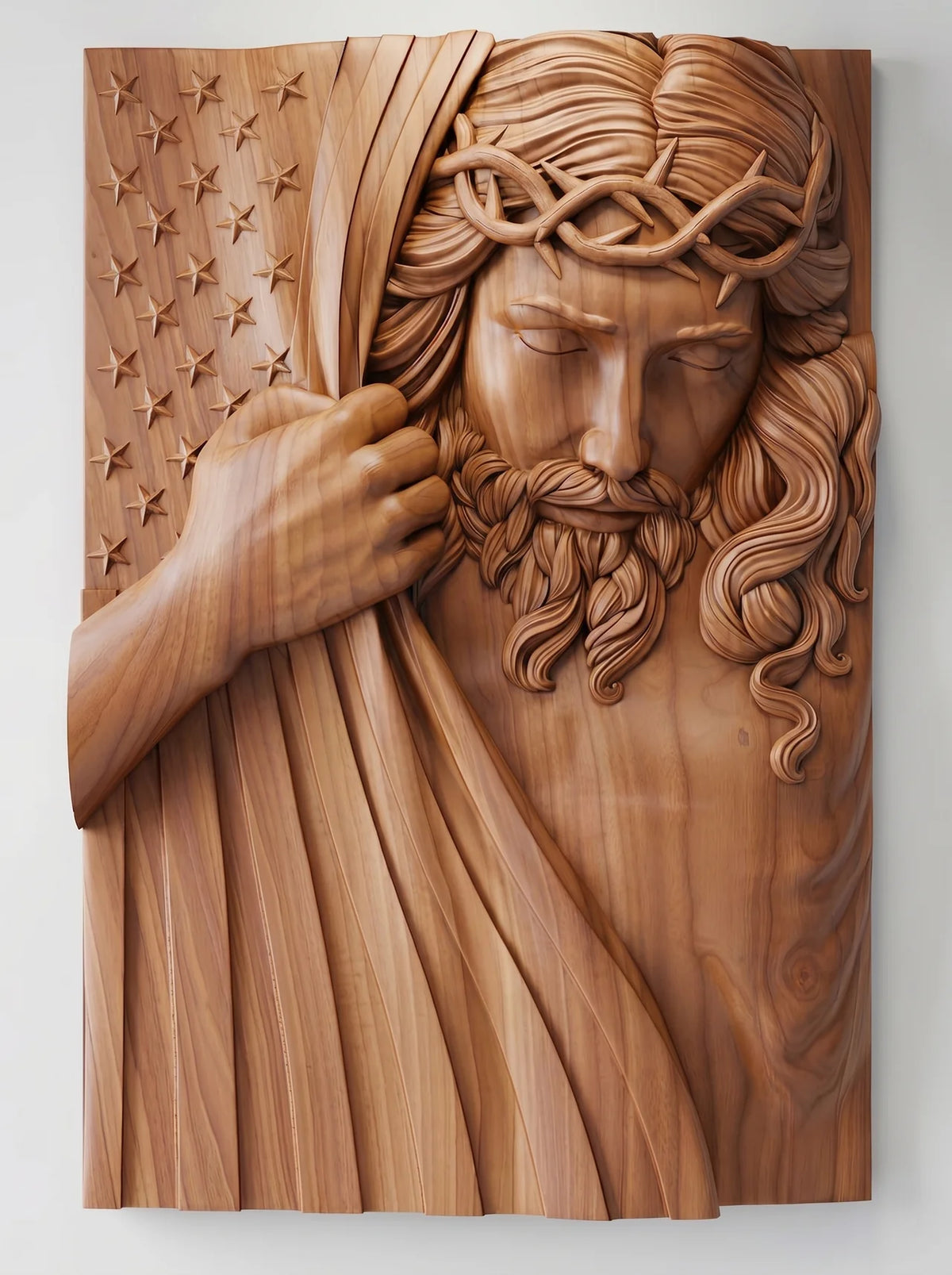 Jesus American Flag Wood Carving