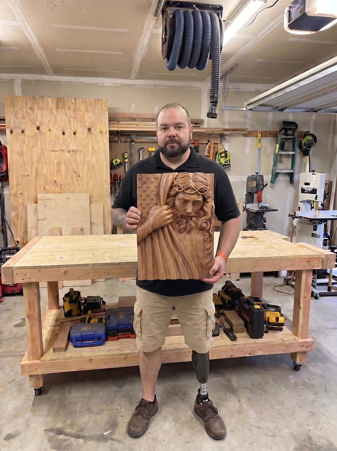 Jesus American Flag Wood Carving